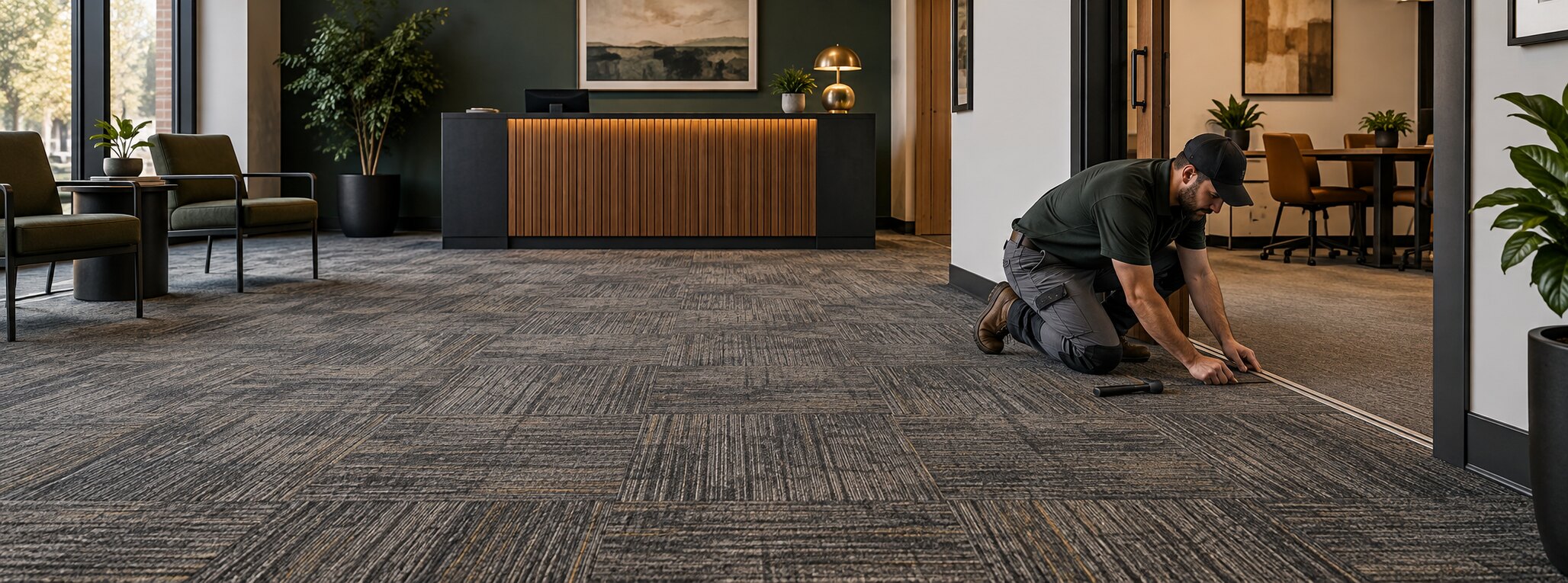 Commercial carpet tile being completed in a local professional office