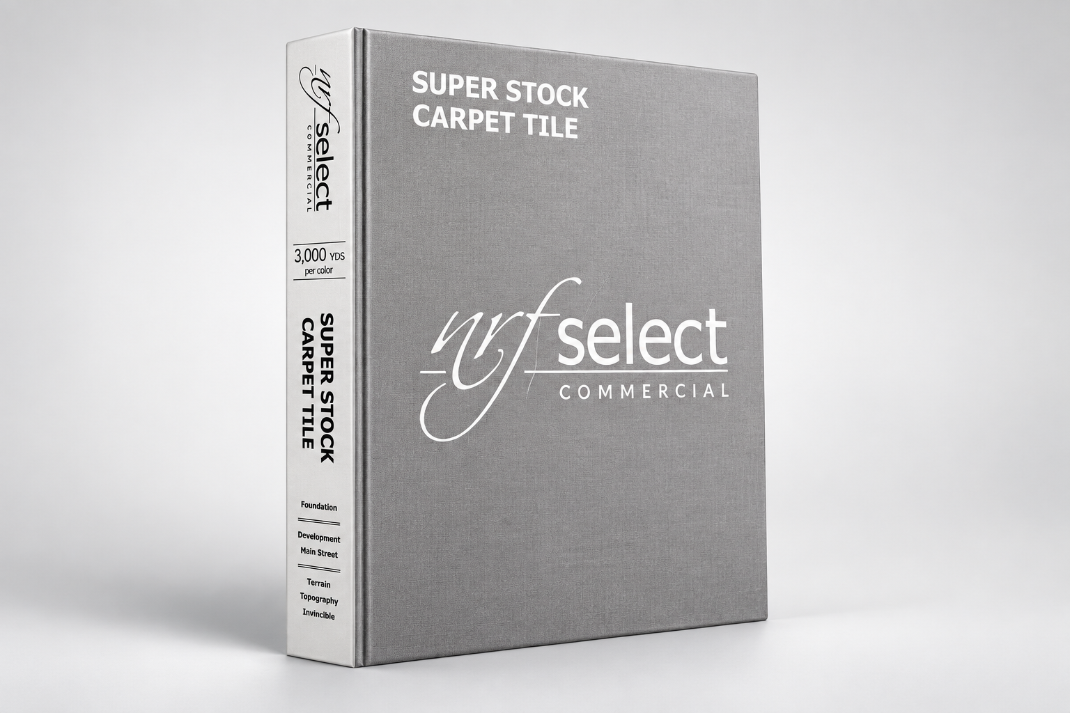 Studio rendering of the NRFSelect Commercial Super Stock Carpet Tile sample library book